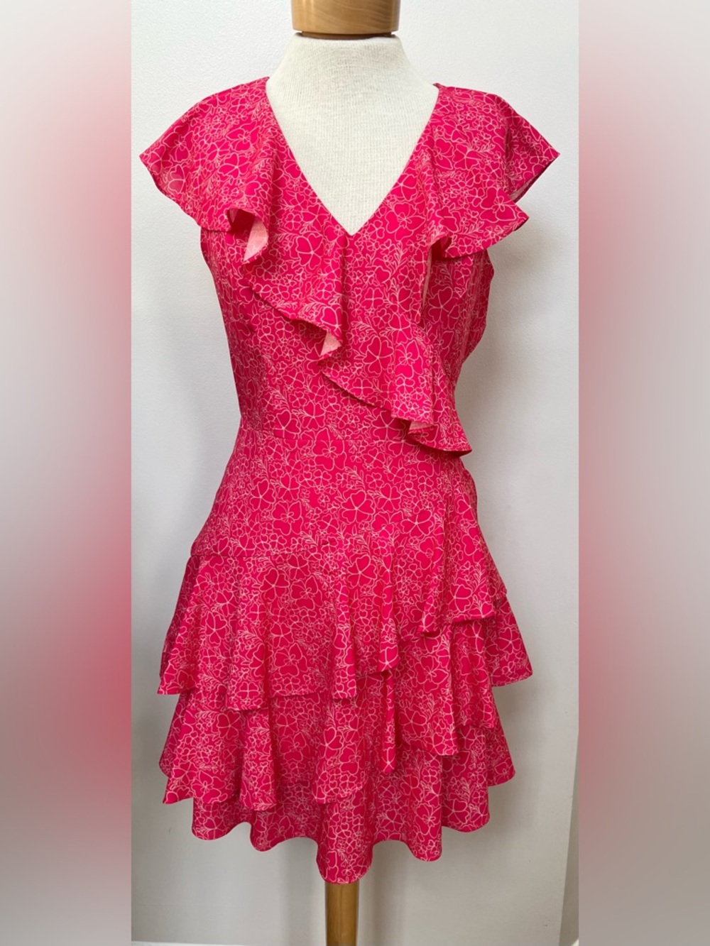 Parker Pink Floral Ruffle Tiered Mini Dress V Neck Occasion S